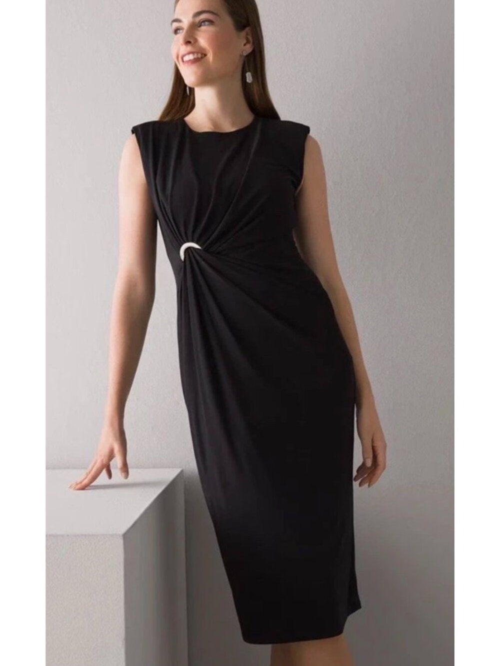 Nina Leonard Women's Black Jewel Neck Sleeveless Draped Jersey Dress Size 1X